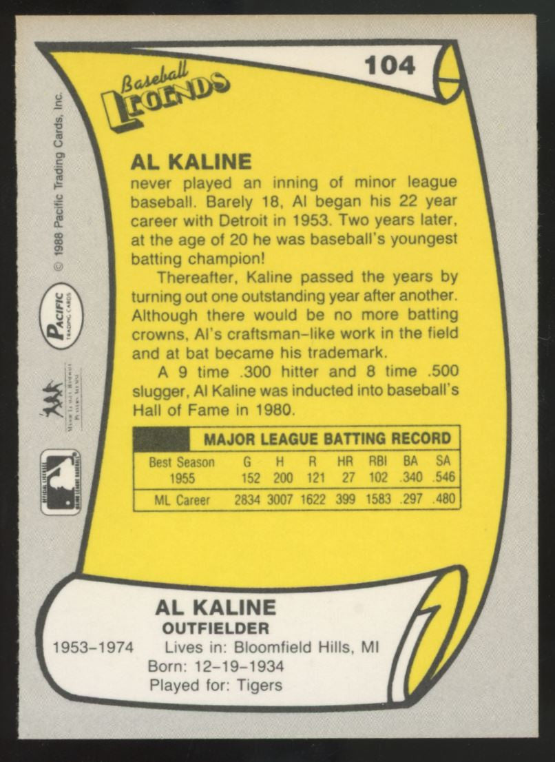 1988 Pacific Baseball Legends Al Kaline Auto #104