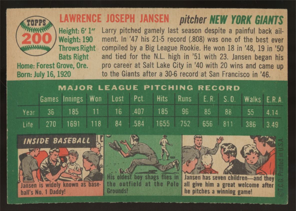 1954 Topps Larry Jansen #200 EX-MT