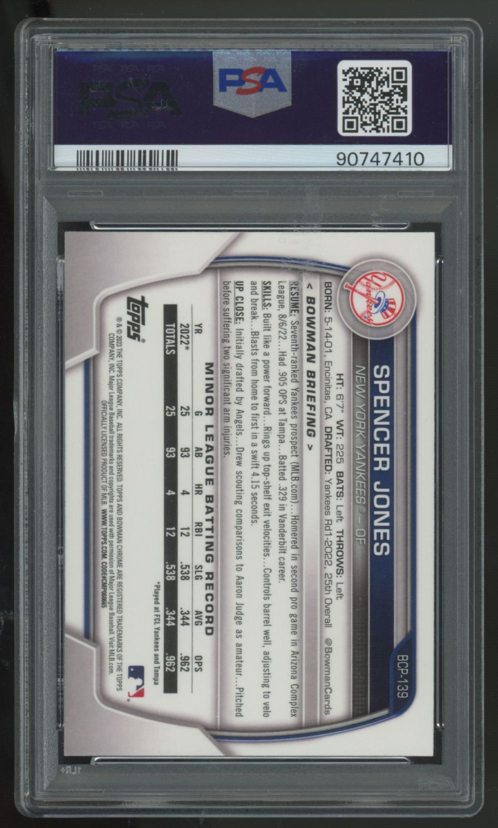 2023 Bowman Spencer Jones 1st Chrome Prospects #BCP-139 PSA 10