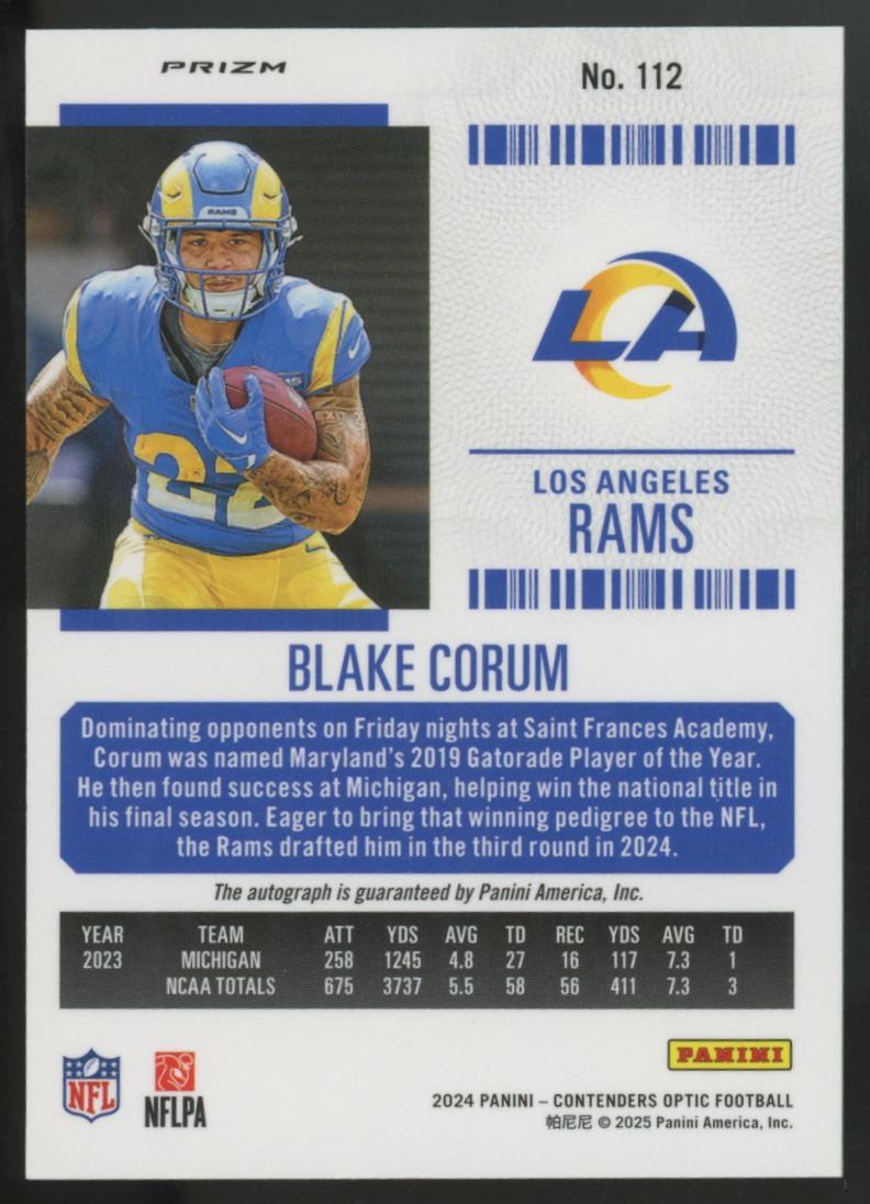 2024 Contenders Optic Blake Corum RC Auto Prizm #112
