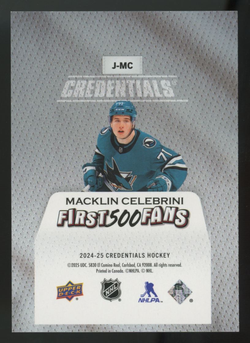 2024-25 Upper Deck Credentials Macklin Celebrini RC First 500 Fans Jersey #J-MC