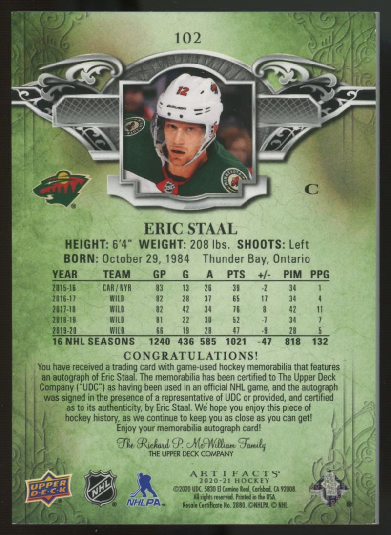 2020-21 Artifacts Eric Staal Dual Patch Auto Green /15 #102