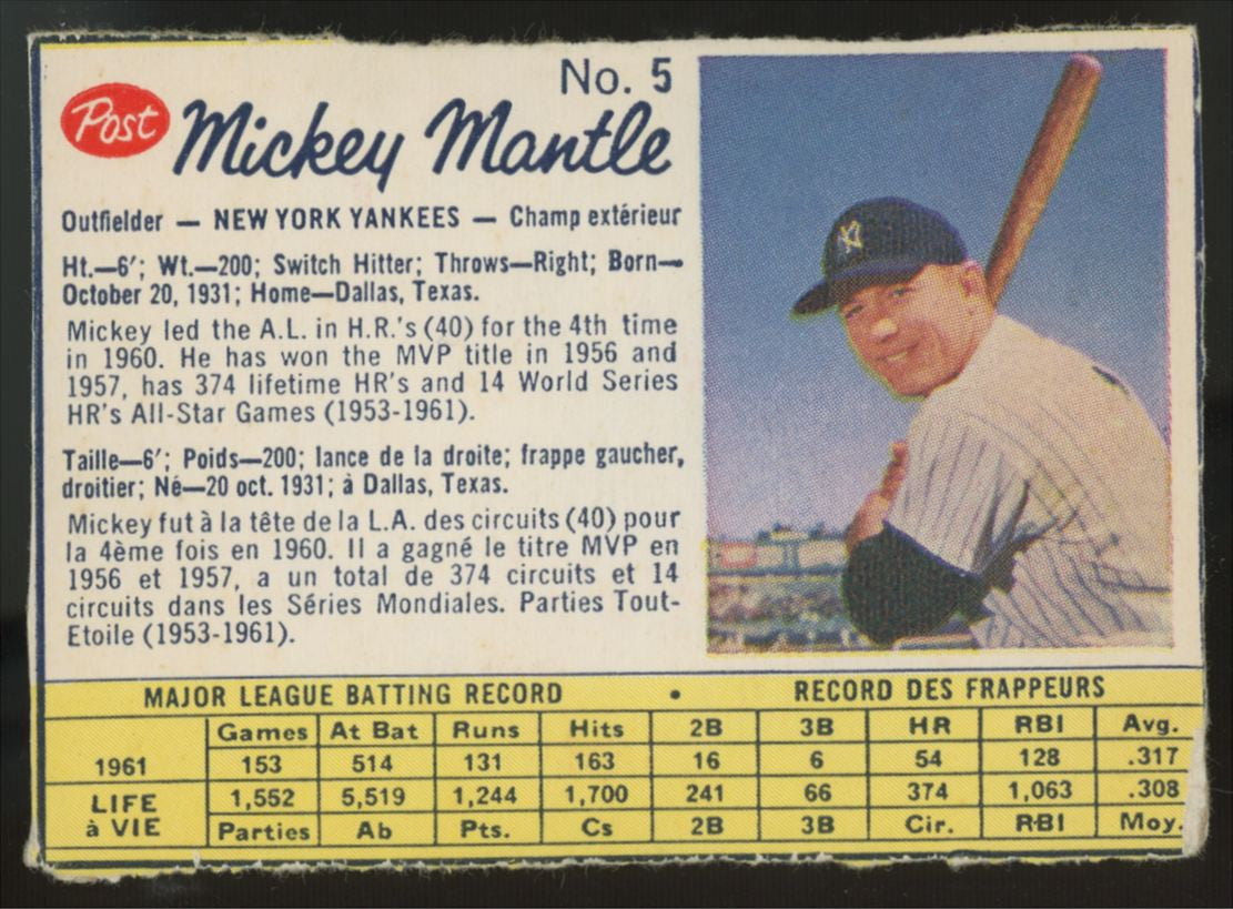 1962 Post Canadian Grape Nuts Mickey Mantle #5 VG (Writing)