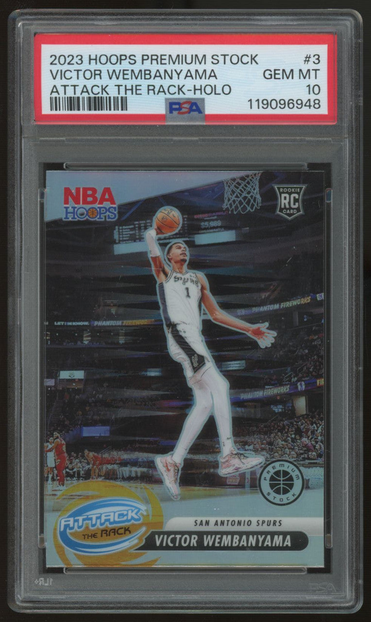 2023/24 Hoops Premium Stock Victor Wembanyama RC Attack The Rack Holo #3 PSA 10