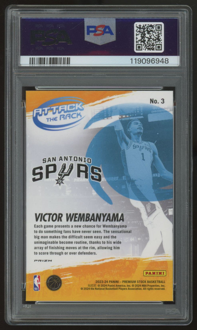 2023/24 Hoops Premium Stock Victor Wembanyama RC Attack The Rack Holo #3 PSA 10