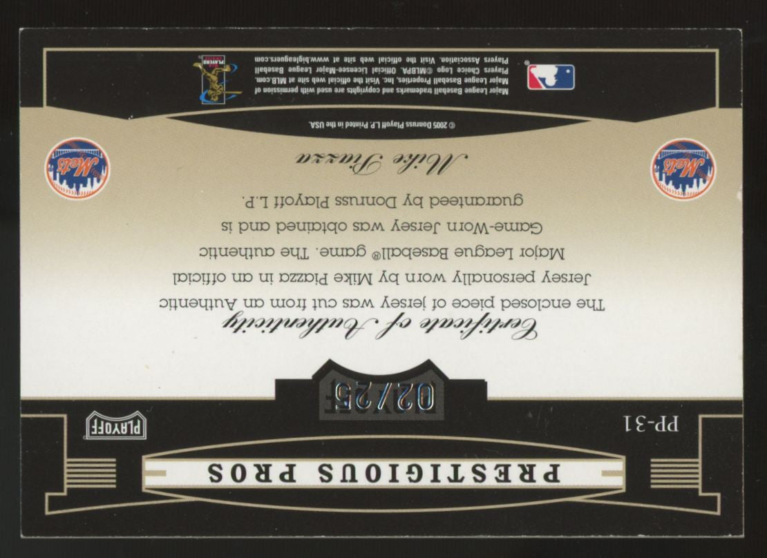 2005 Playoff Prestige Mike Piazza Gold Prestigious Pros Patch /25 #PP-31