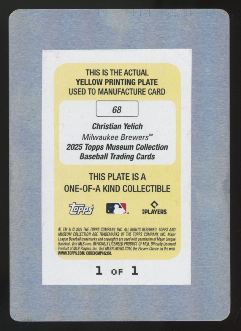 2025 Topps Museum Collection Christian Yelich Yellow Printing Plate 1/1 #68
