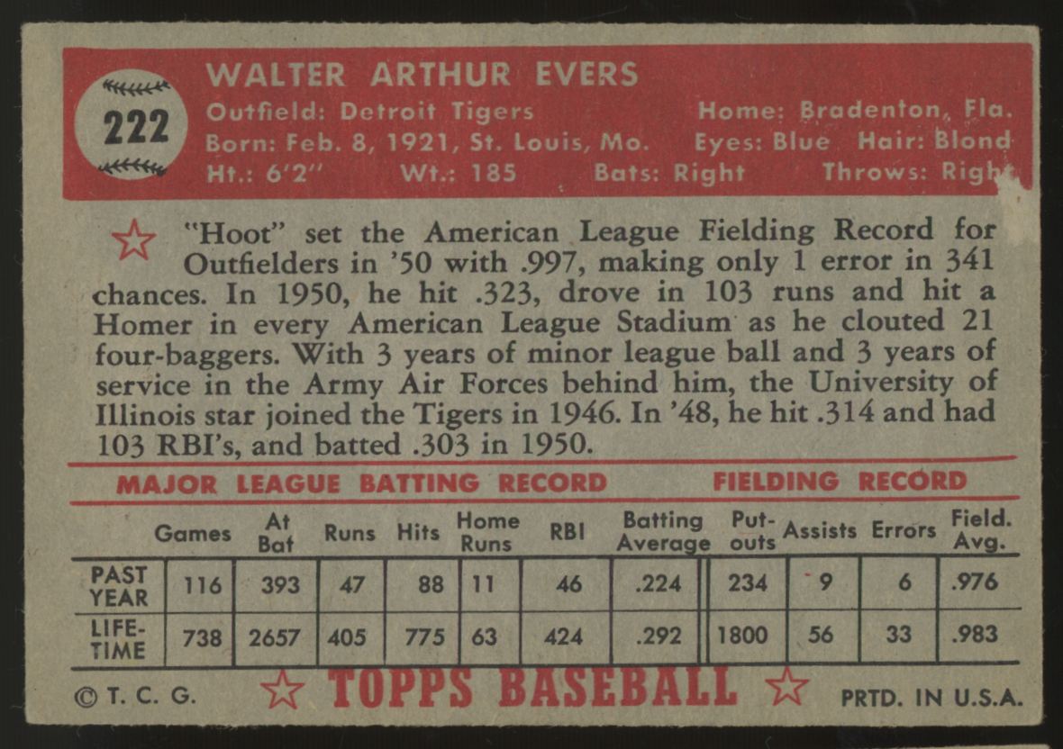 1952 Topps Hoot Evers #222 VG/EX