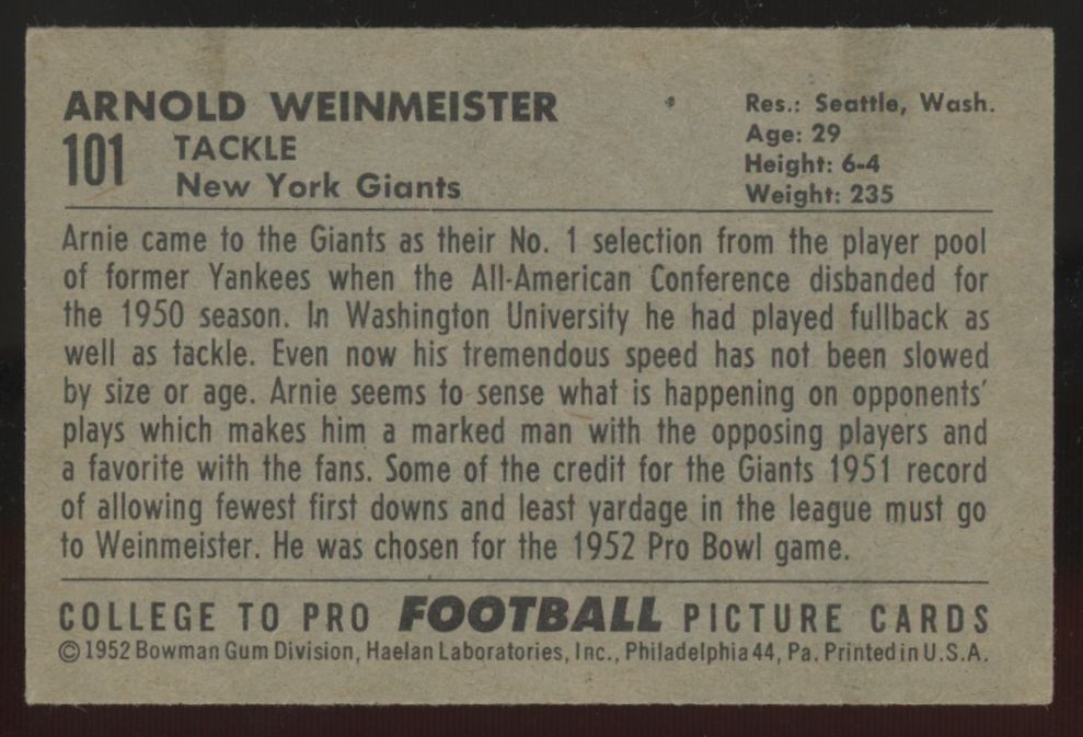1952 Bowman Small Arnold Weinmeister #101 EX-MT