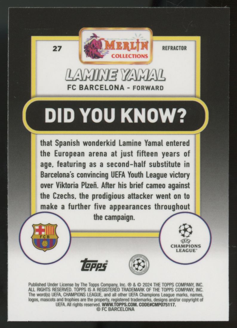 2023-24 Topps Merlin UEFA Club Competitions Lamine Yamal RC Refractor #27