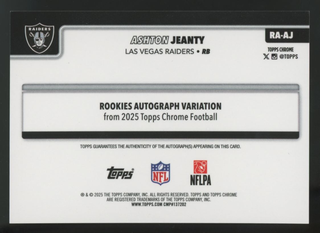 2025 Topps Chrome Ashton Jeanty RC Auto Variation #RA-AJ