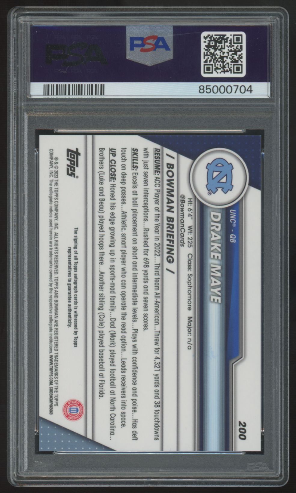 2023 Bowman Chrome University Drake Maye 1st Auto #200 PSA 10 10