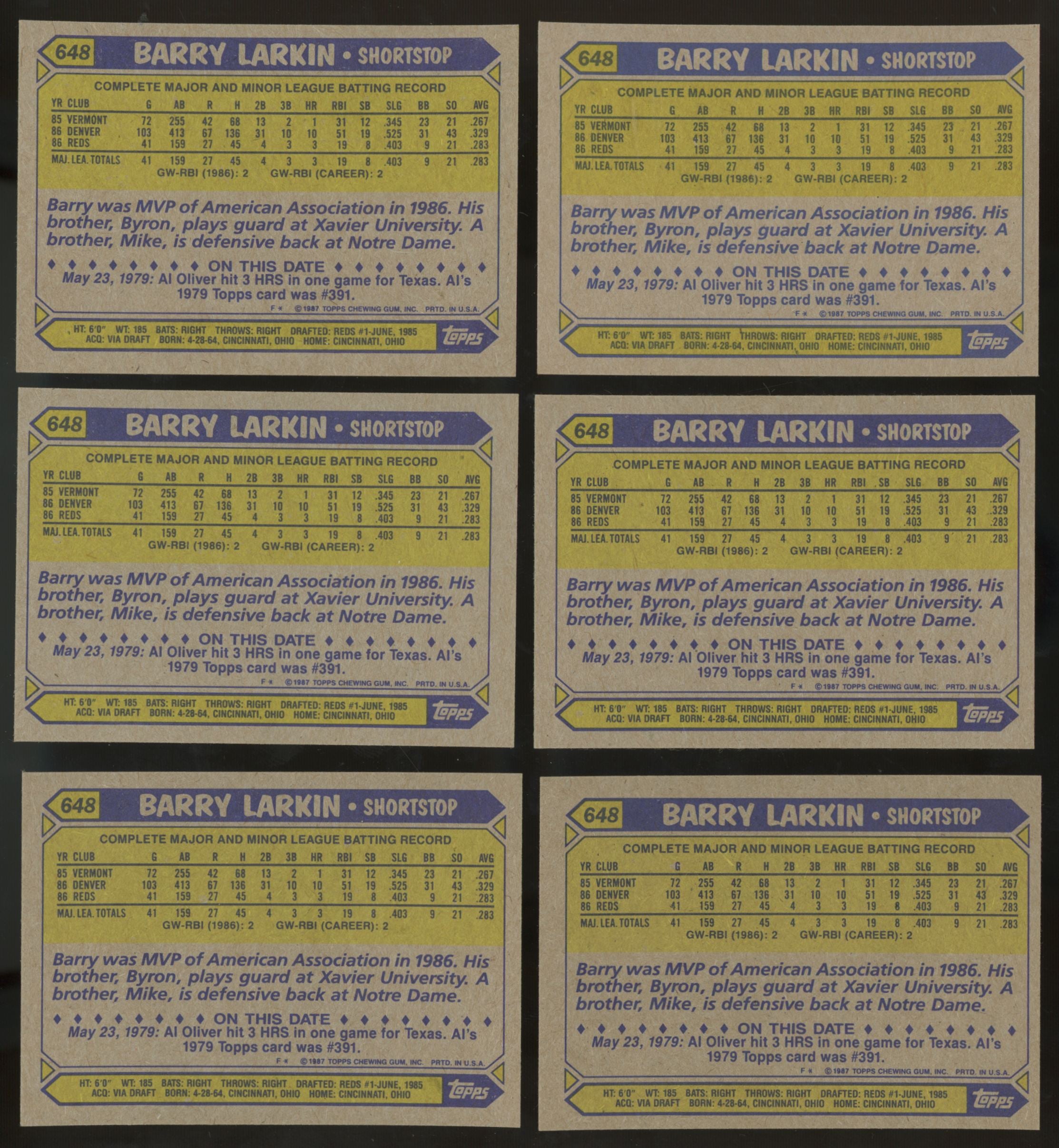 1987 Topps Barry Larkin RC #648 (Lot of 50)