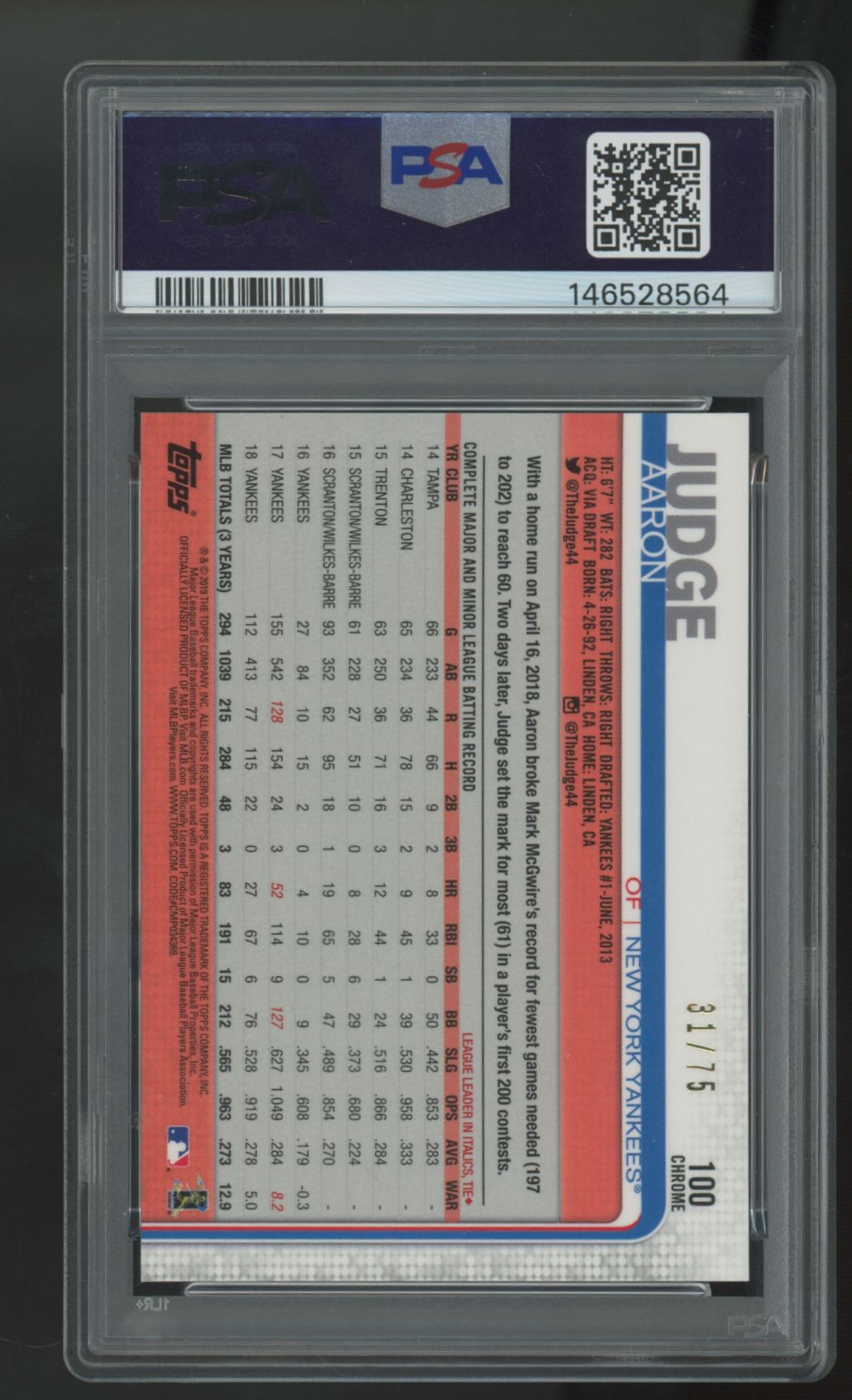 2019 Topps Chrome Aaron Judge Batting Blue Wave /75 #100 PSA 10