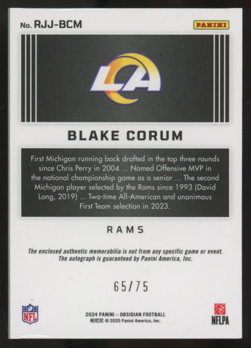 2024 Panini Obsidian Blake Corum RC Jumbo Patch Auto RPA Red /75 #RJJ-BCM