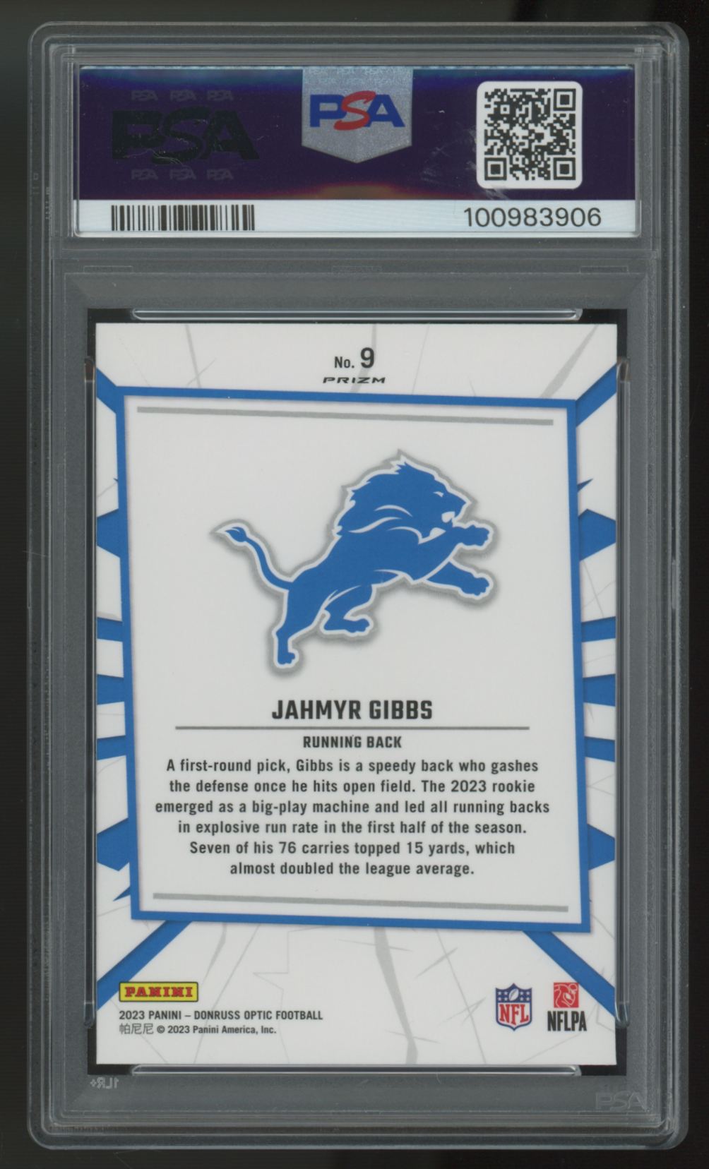 2023 Panini Donruss Optic Jahmyr Gibbs RC My House! #9 PSA 9