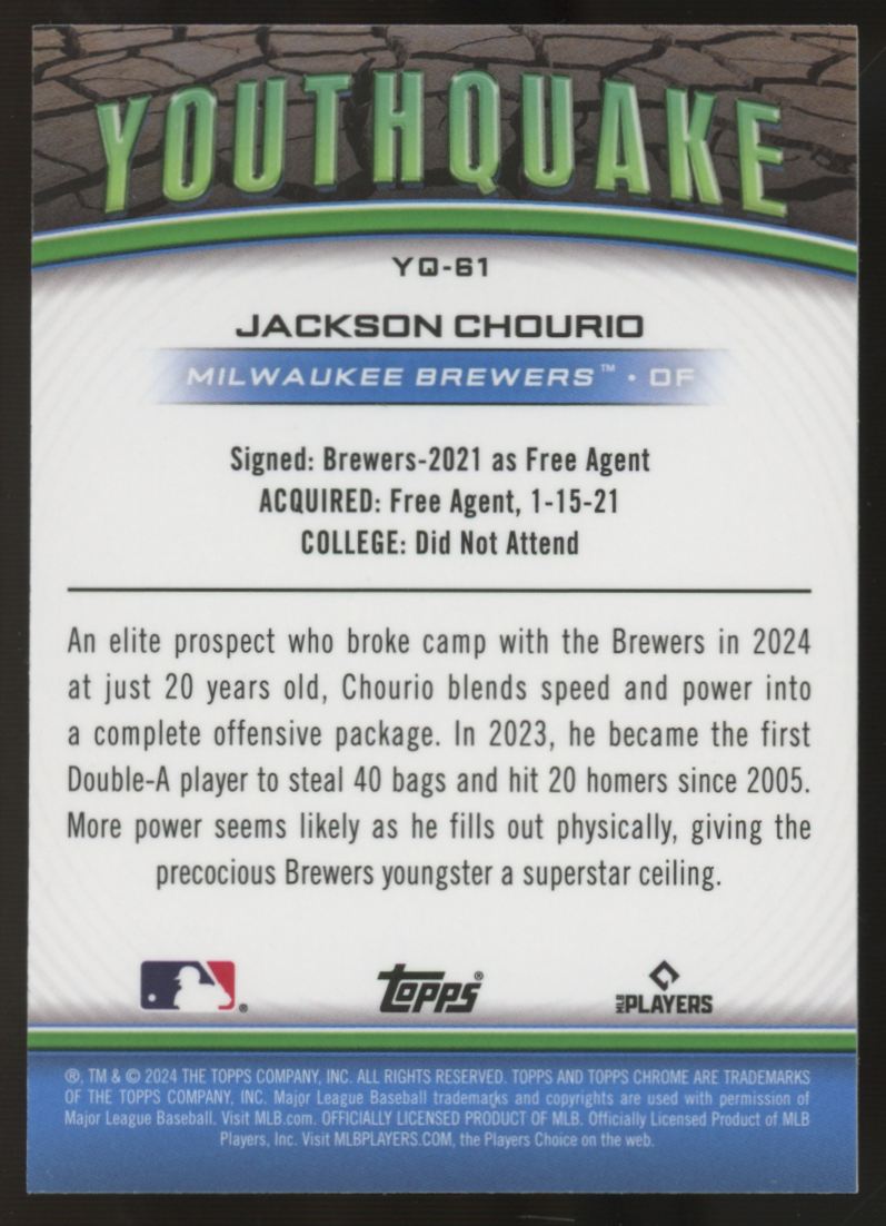 2024 Topps Chrome Jackson Chourio RC Youthquake Gold Refractor /50 #YQ-61