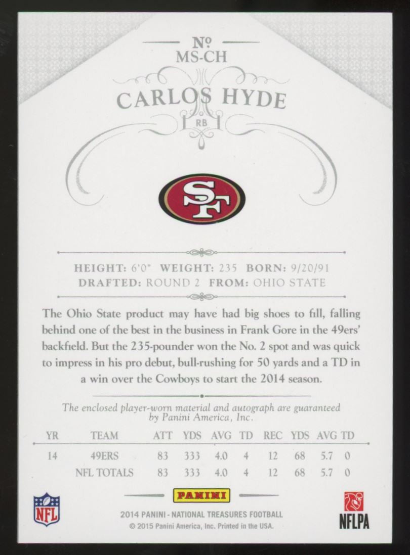 2014 Panini National Treasures Carlos Hyde RC Patch Auto /10 #MS-CH