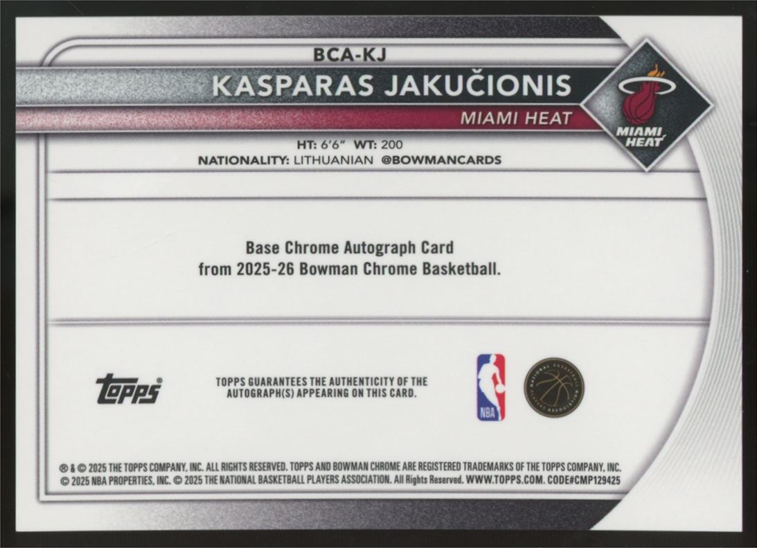 2025-26 Bowman Chrome Kasparas Jakucionis RC Orange Refractor Auto /25 #BCA-KJ