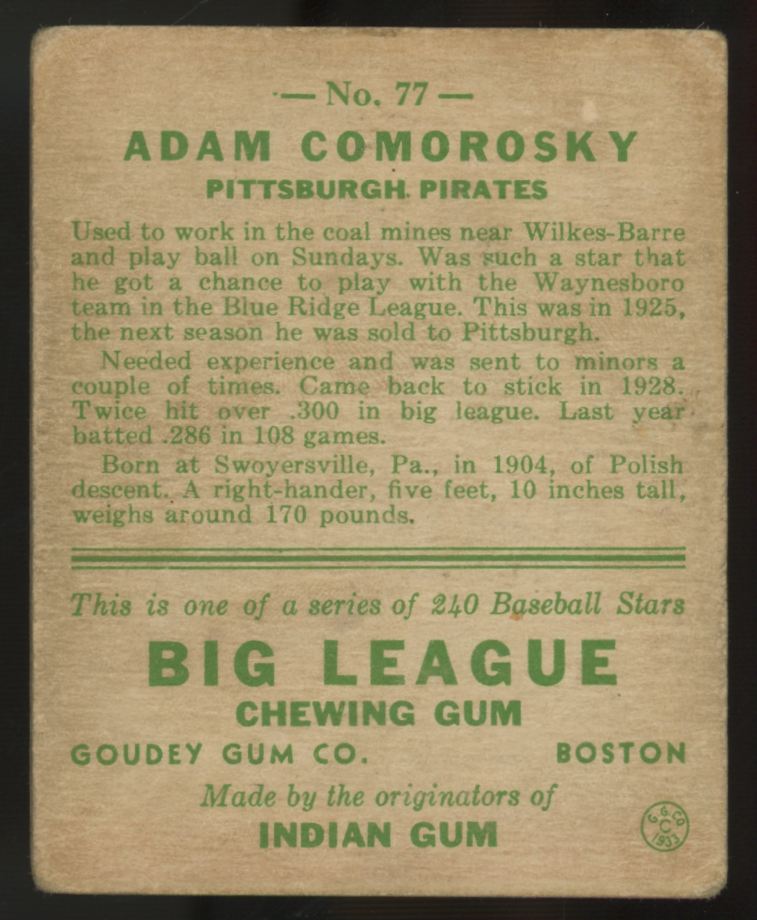 1933 Goudey Adam Comorosky #77 VG