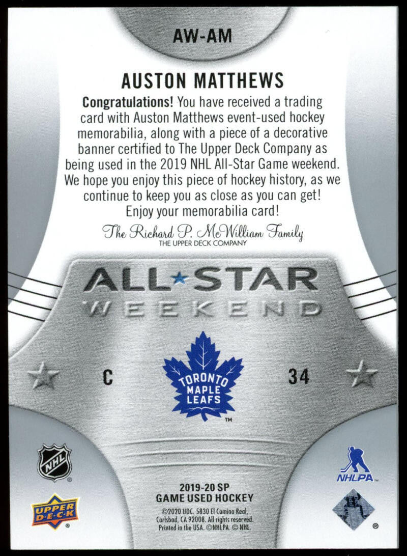 2019-20 UD SP Auston Matthews All Star Jersey & Banner Dual Patch #AW-AM