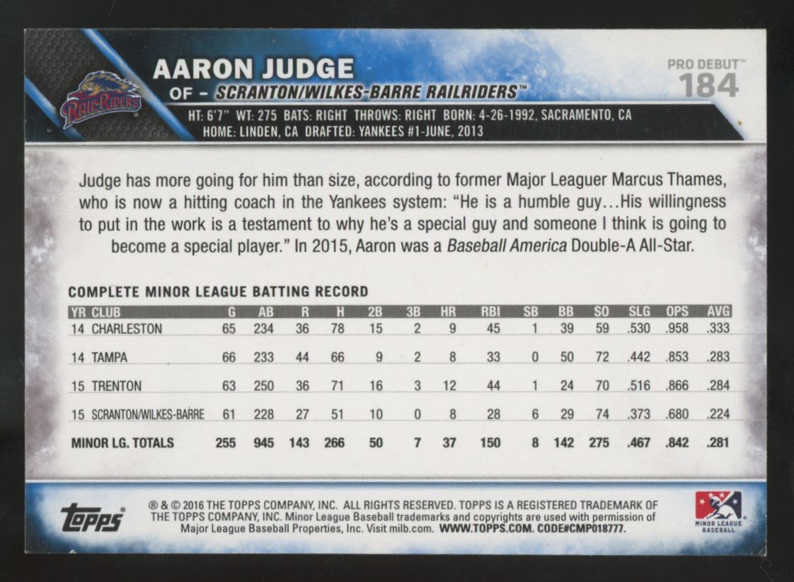 2016 Topps Pro Debut Aaron Judge Top Prospect #184