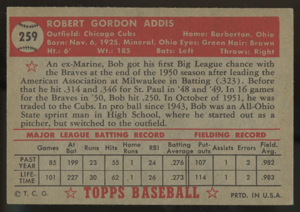 1952 Topps Bob Addis #259 VG