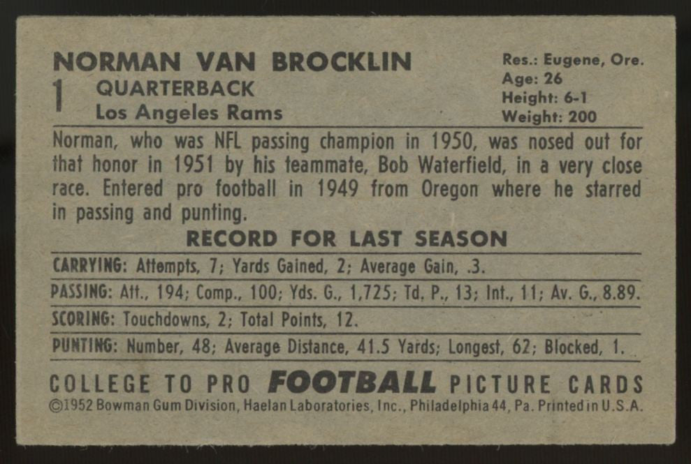 1952 Bowman Small Norman Van Brocklin #1 EX