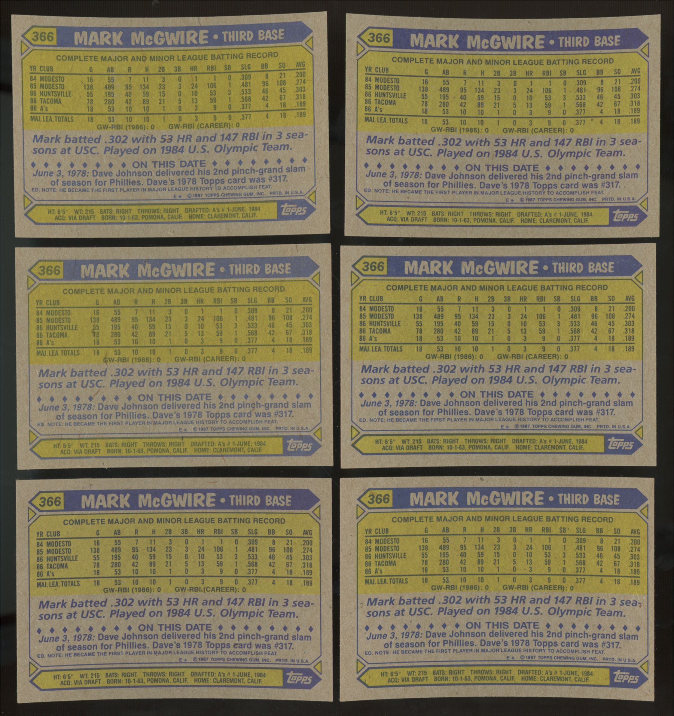 1987 Topps Mark McGwire RC #366 (Lot Of 29)