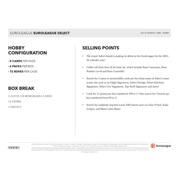 2025-26 Panini Select EuroLeague Basketball Hobby Box