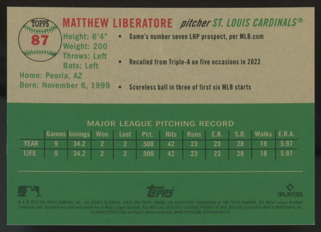 2023 Topps Chrome Platinum Matthew Liberatore RC Toile Cream/Black Refractor /10