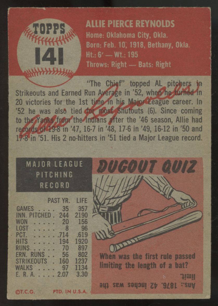 1953 Topps Allie Reynolds #141 VG/EX "A"