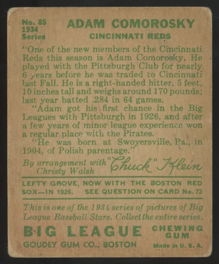 1934 Goudey Adam Comorosky Big League Gum #85 G/VG (Crease)