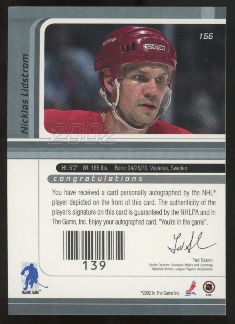 2001-02 In The Game Signature Series Nicklas Lidstrom Gold Auto #156 *Read*