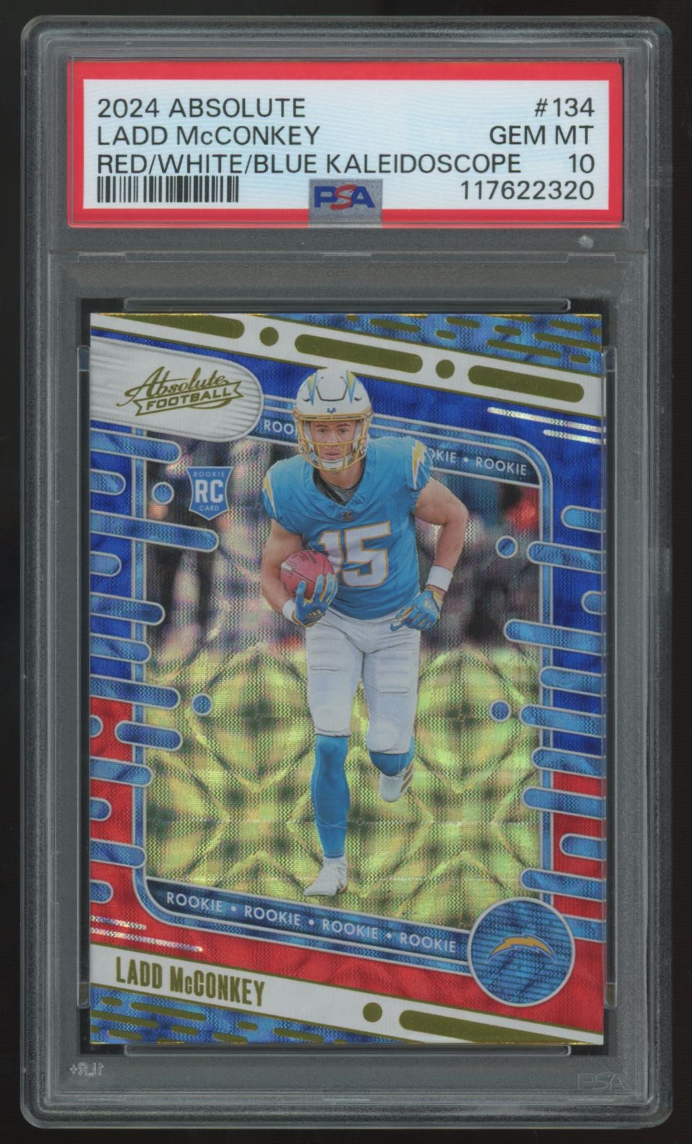 2024 Panini Absolute Ladd McConkey RC Red/White/Blue Kaleidoscope #134 PSA 10