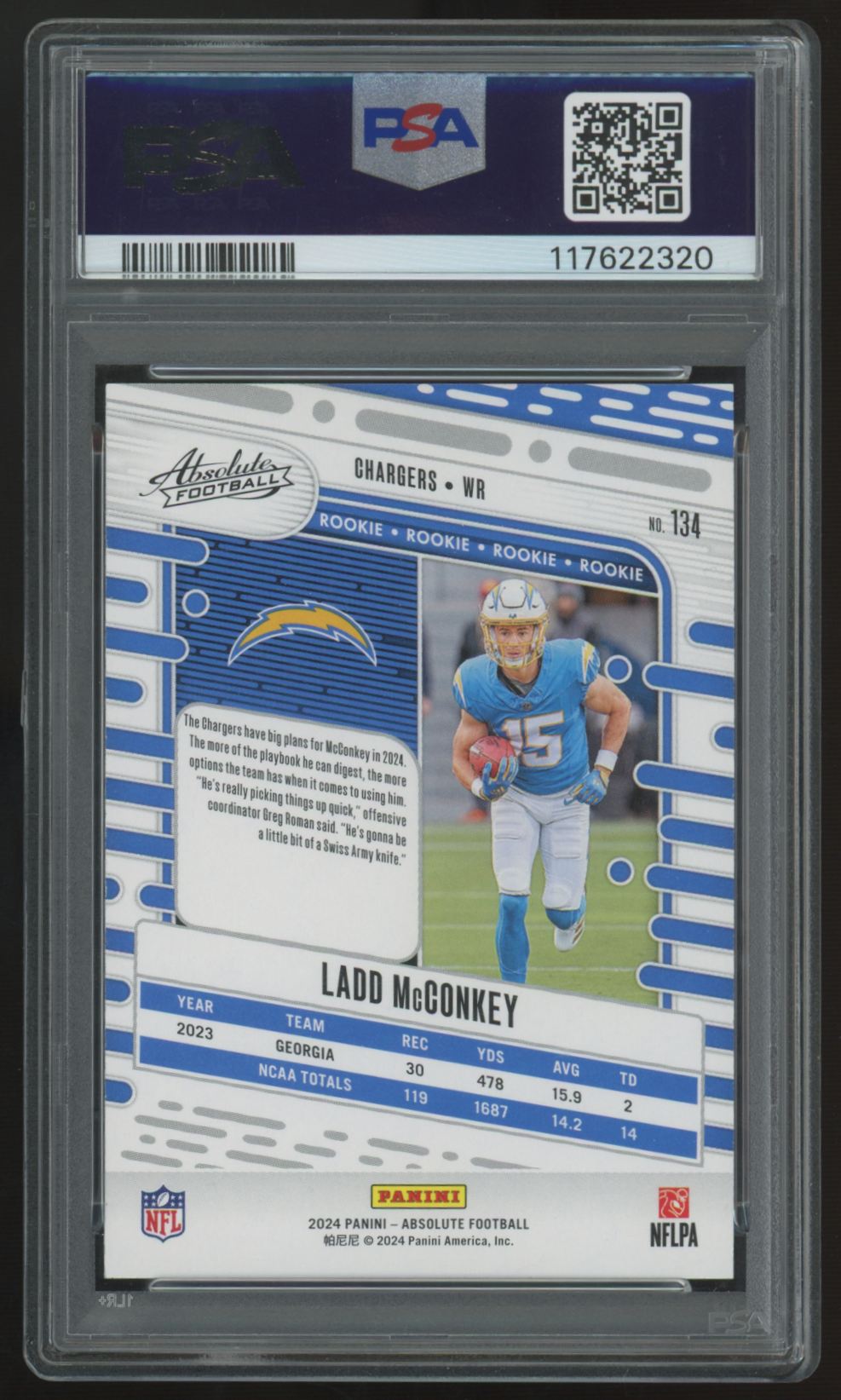 2024 Panini Absolute Ladd McConkey RC Red/White/Blue Kaleidoscope #134 PSA 10