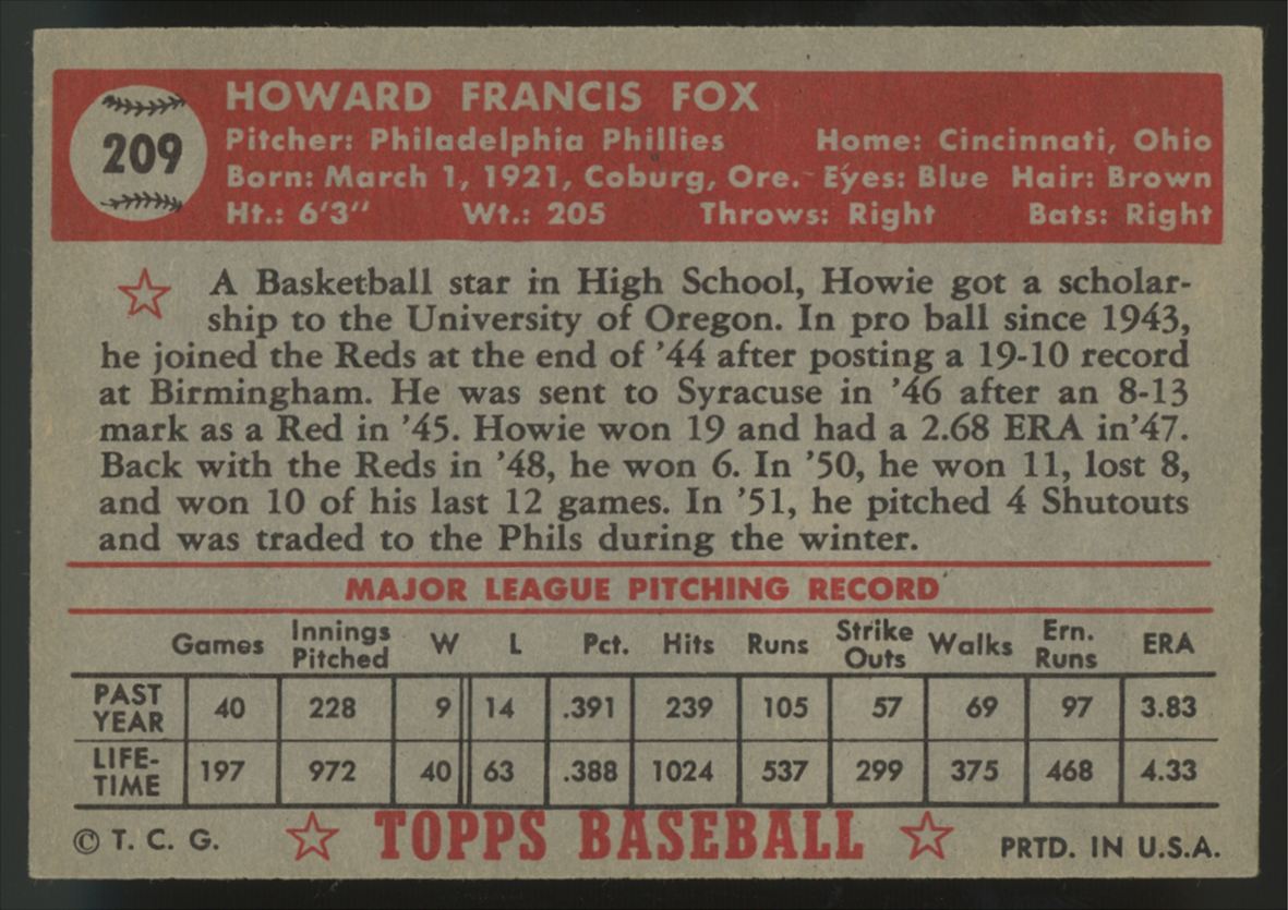 1952 Topps Howie Fox #209 VG/EX