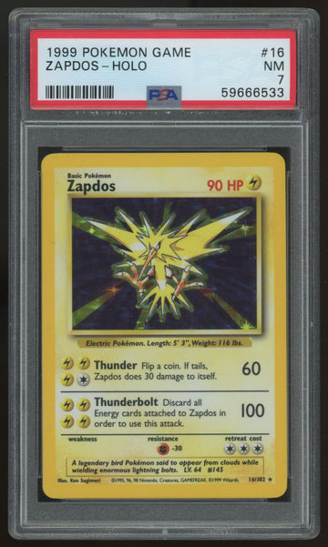 1999 Pokemon Zapdos Base Set Unlimited Holo #16 PSA 7