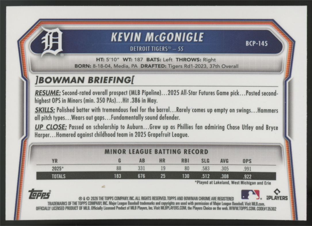 2026 Bowman Chrome Kevin McGonigle Fuchsia Wave Refractor /199 #BCP-145