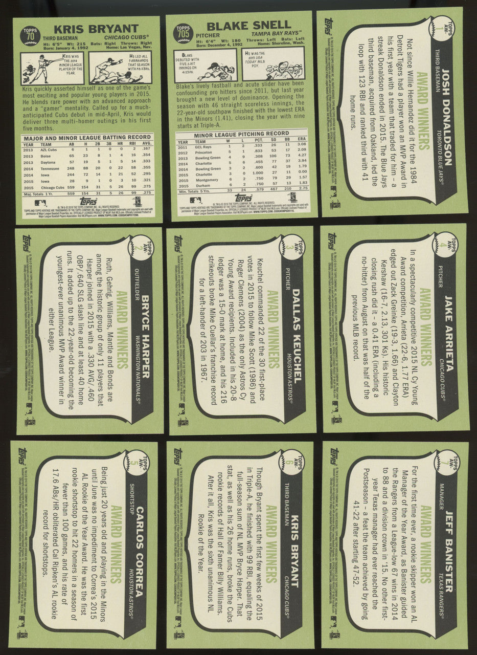2016 Topps Heritage Baseball Complete Set w/ SPs (725) + 6 Insert Sets
