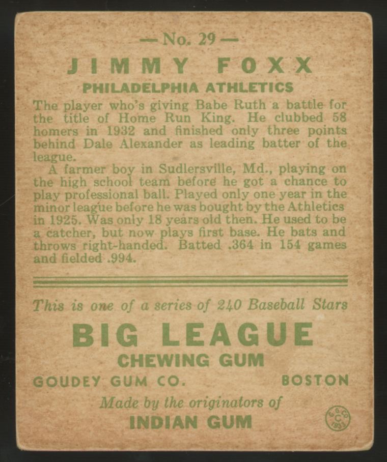 1933 Goudey Jimmy Foxx #29 G/VG