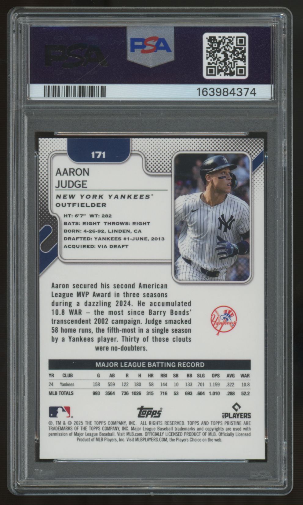 2025 Topps Pristine Aaron Judge #171 PSA 9