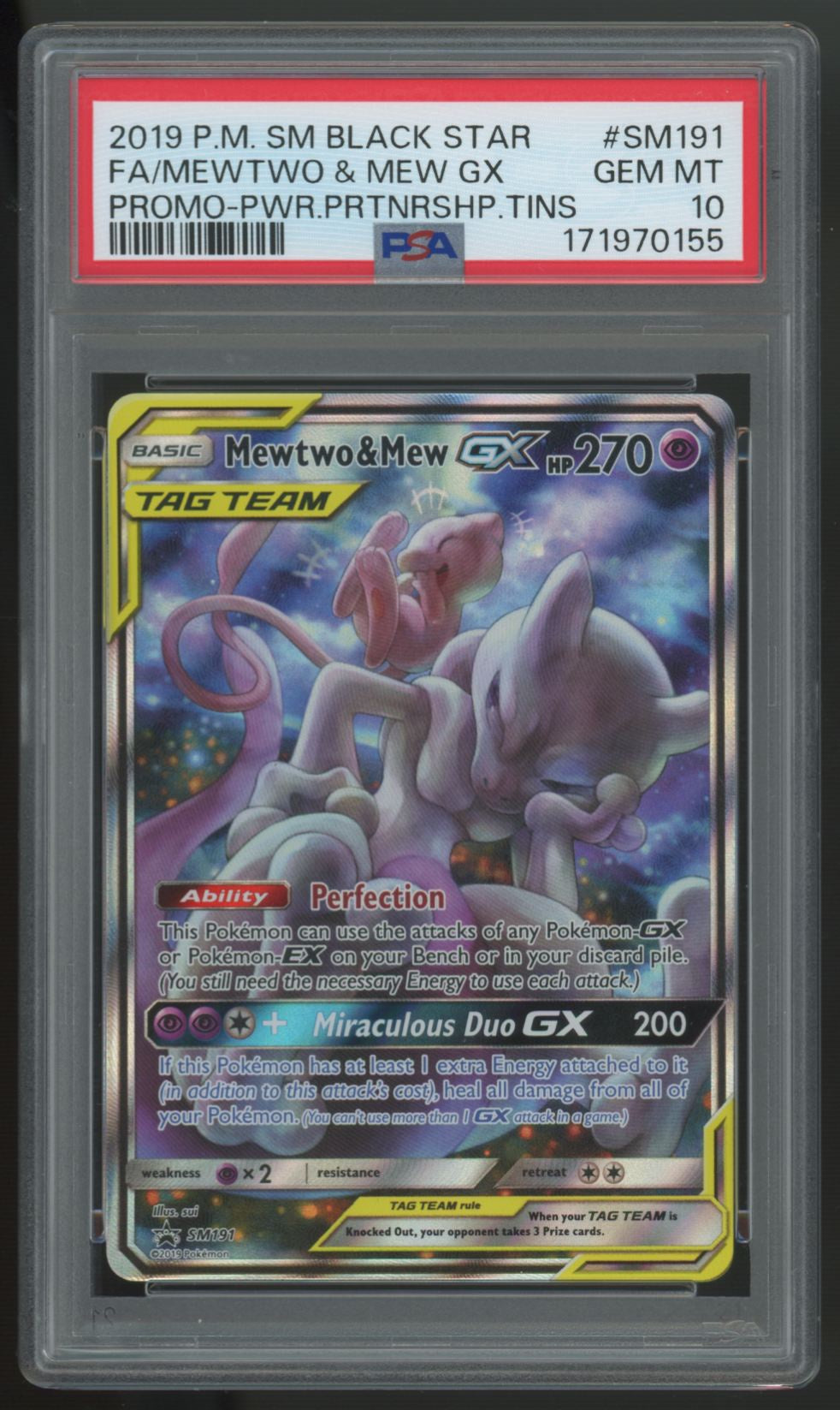 2019 Pokemon Mewtwo & Mew GX Partnership Tin Full Art Promo #SM191 PSA 10