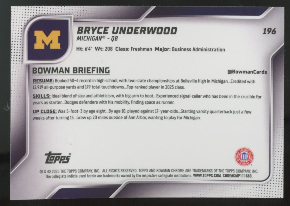 2025 Bowman Chrome University Bryce Underwood 1st X-Fractor #196