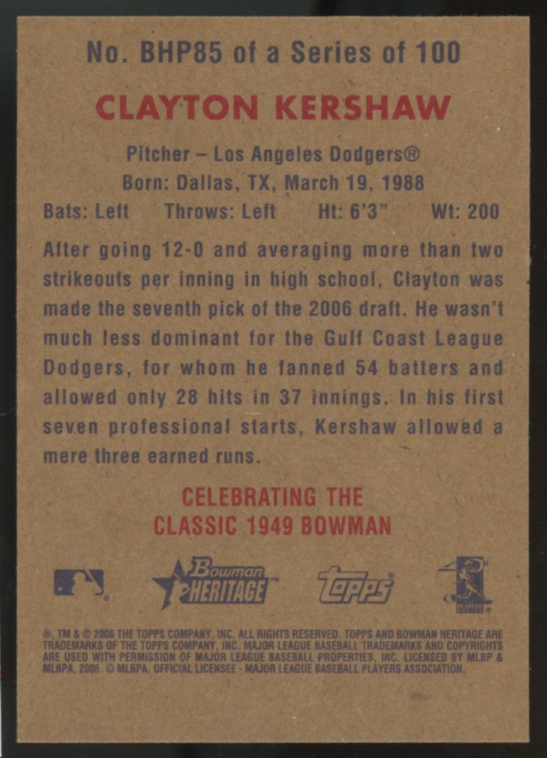 2006 Bowman Heritage Clayton Kershaw 1949 Prospect #BHP85