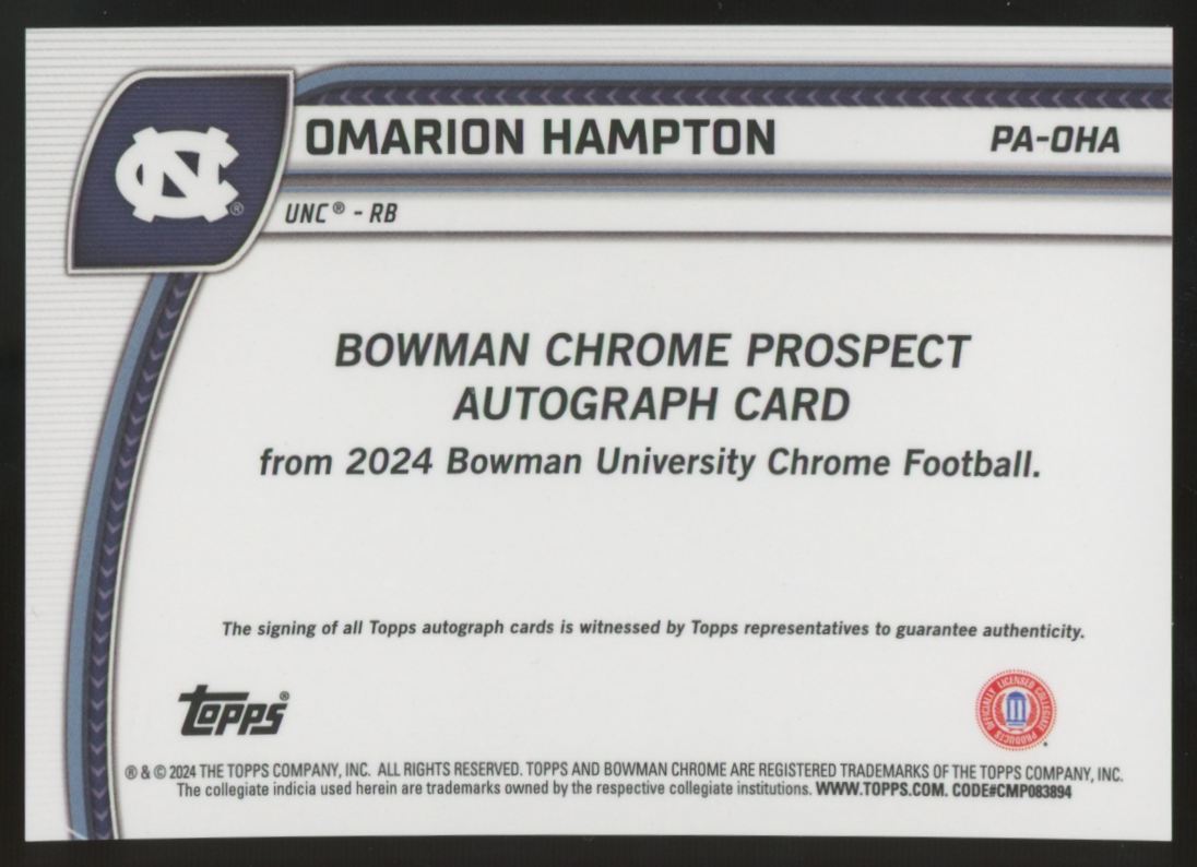 2024 Bowman Chrome U Omarion Hampton 1st Yellow Prospect Auto /75 #PA-OHA