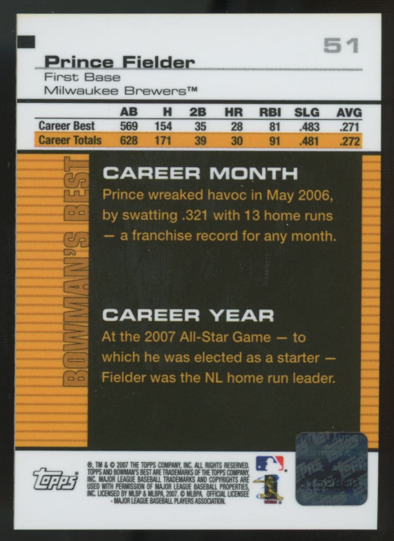 2007 Bowman's Best Prince Fielder Veterans Auto #51