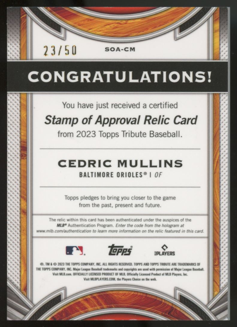 2023 Topps Tribute Cedric Mullins Stamp of Approval Patch Purple /50 #SOA-CM