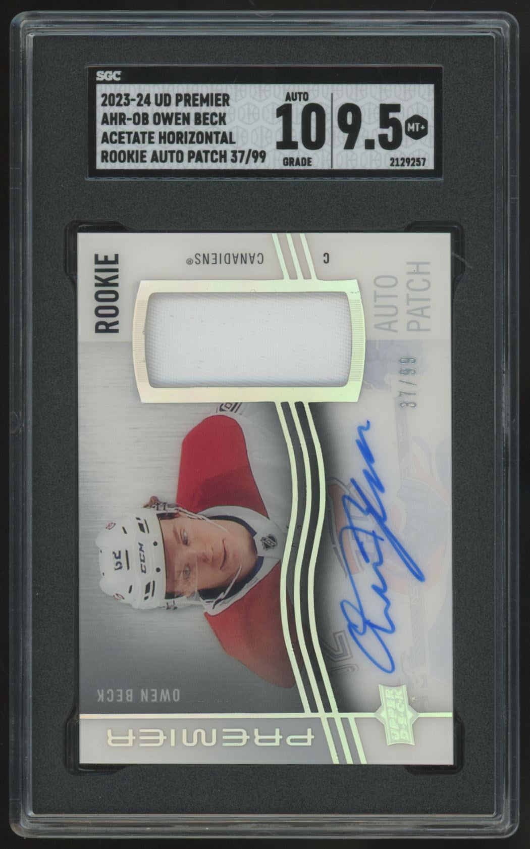 2023-24 UD Premier Owen Beck RC Patch Auto Horizontal Acetate RPA /99 SGC 9.5 10