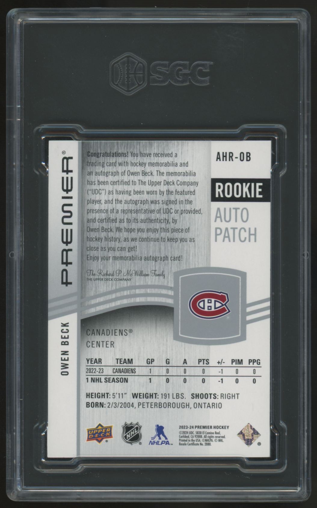 2023-24 UD Premier Owen Beck RC Patch Auto Horizontal Acetate RPA /99 SGC 9.5 10